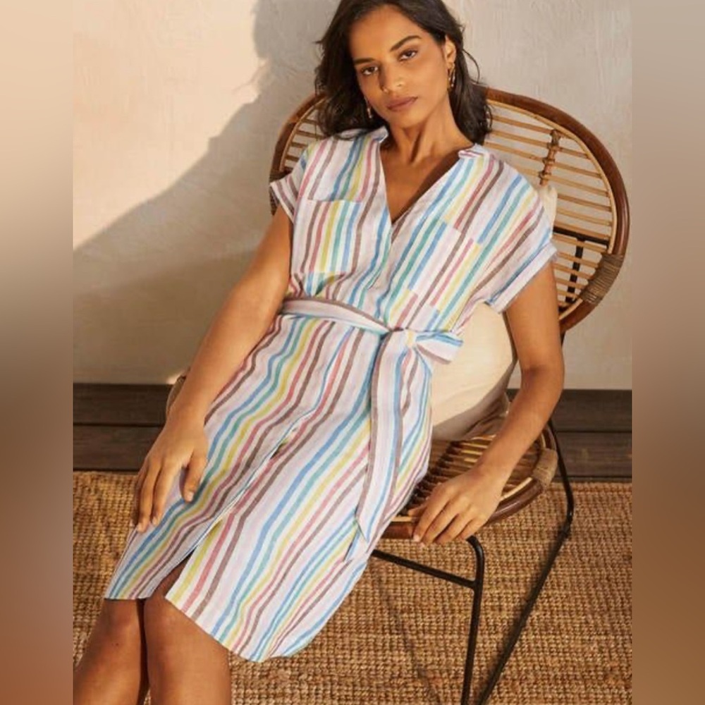 Boden Rainbow Evie Linen Shirt Dress Size 12R Striped STAINED
